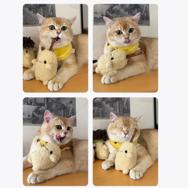 Cat Chewing on Clawcove Red Mushroom Silvervine Cat Toy - Fun, Chewing, and Dental Health Cat chewing and playing with Clawcove Red Mushroom Silvervine Cat Toy, enjoying stress relief and dental care.