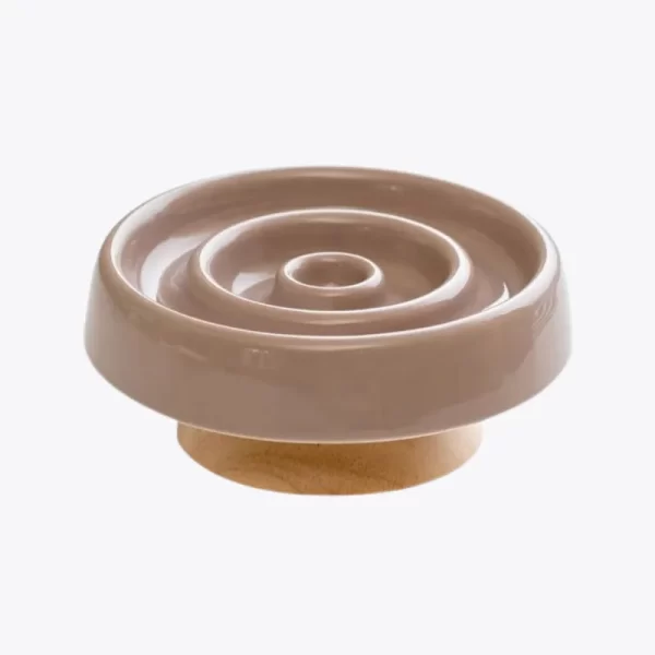 Tri-Color Ceramic Slow Feeder Cat Bowl with a wooden stand, designed to prevent fast eating.