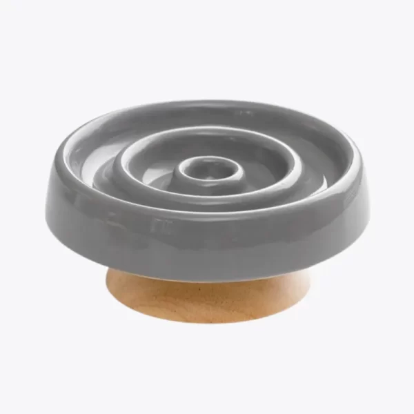 Tri-Color Ceramic Slow Feeder Cat Bowl with a wooden stand, designed to prevent fast eating.
