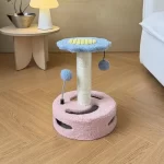 Side view of a sisal-wrapped cat scratching post with a raised platform.