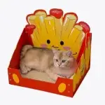 Cheesy fries-shaped cat scratcher bed with a durable structure and sisal mat.
