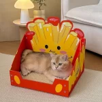Cheesy fries-shaped cat scratcher bed with a durable structure and sisal mat.
