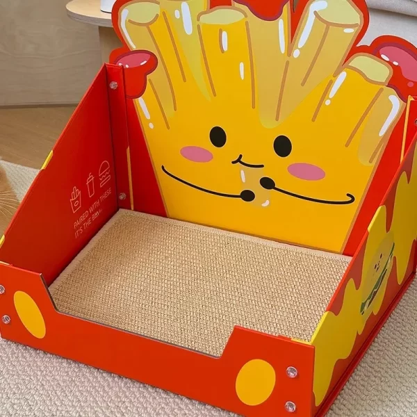 A cat scratching the sturdy paperboard surface of the cheesy fries cat scratcher.