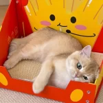 Close-up of the secure screw installation on the cheesy fries cat scratcher.