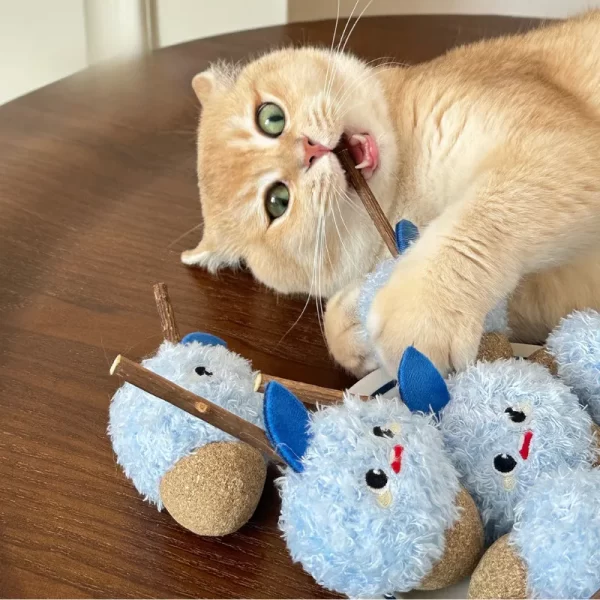 A cat chewing on the Matatabi catnip toy, enjoying its natural silvervine stick.