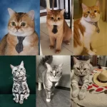 A cat wearing the gray bow tie collar, looking elegant and stylish.